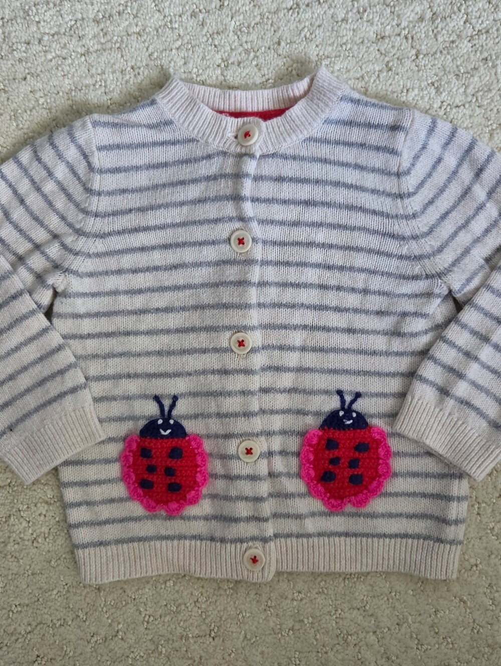 Baby Boden Grey Striped Cardigan with Red And Pink Ladybug Appliques 6-12M